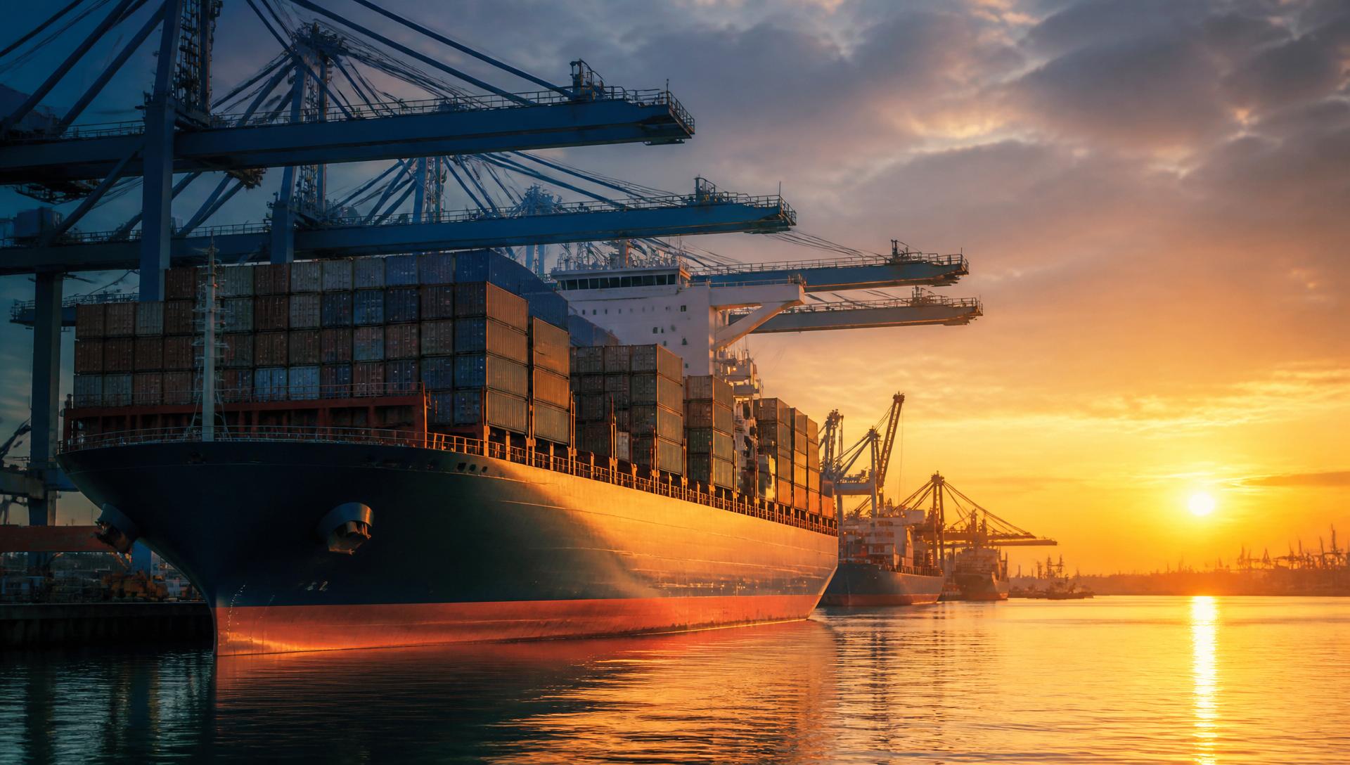 Container ship at an international port at sunset